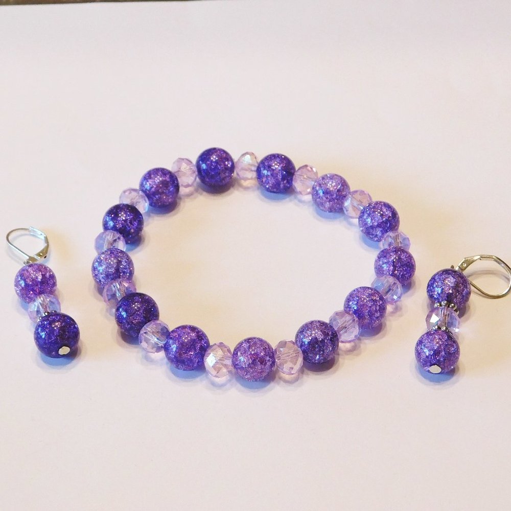 Handmade Purple Glass Beaded Stretch Bracelet & Matching Earrings - 8"